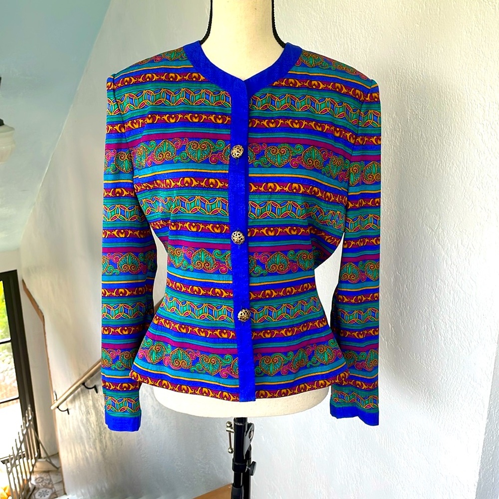 Adriana Papell Vintage 100% SILK Purple Teal Yellow Floral Print Blazer /Top 10